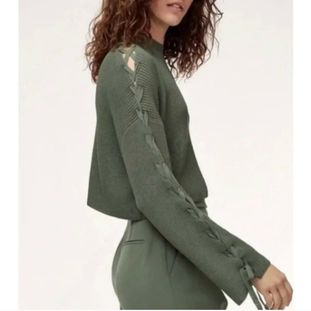 Aritzia Olive Green (Sagesse) Braided-Sleeve Crewneck Sweater